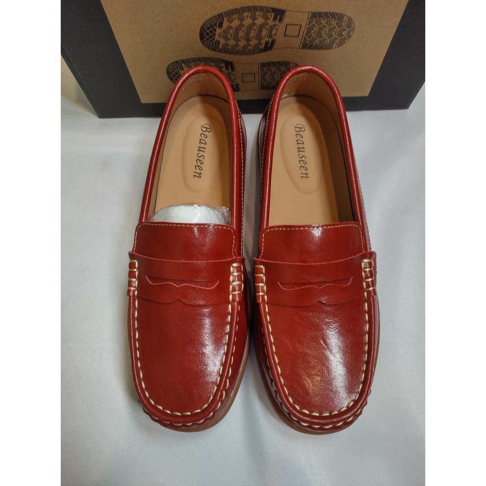 Beauseen 2214 Red Leather Penny Loafers women's Size 9 Slip On Moc Toe Shoes
